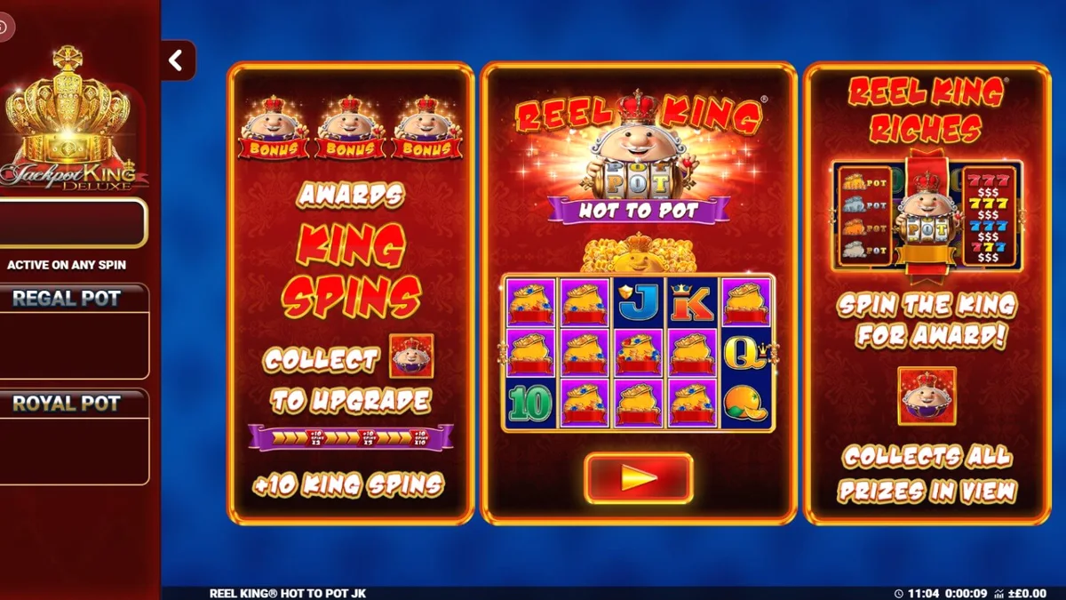 Reel King Hot to Pot slot machine interface with royal gold theme