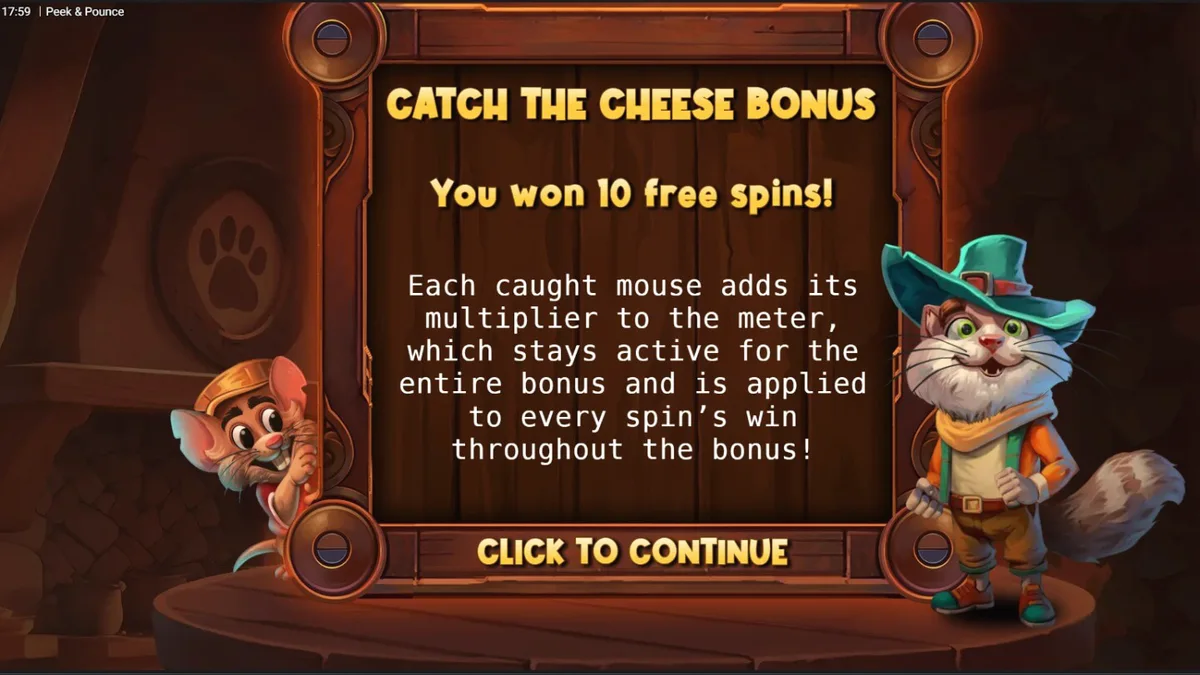 Tampilan visual slot Peek & Pounce dengan karakter kucing Señor Pounce dan latar dapur yang hangat.