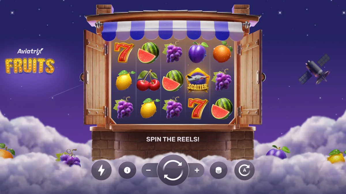 Tampilan visual slot Aviatrix Fruits dengan elemen pesawat kustom